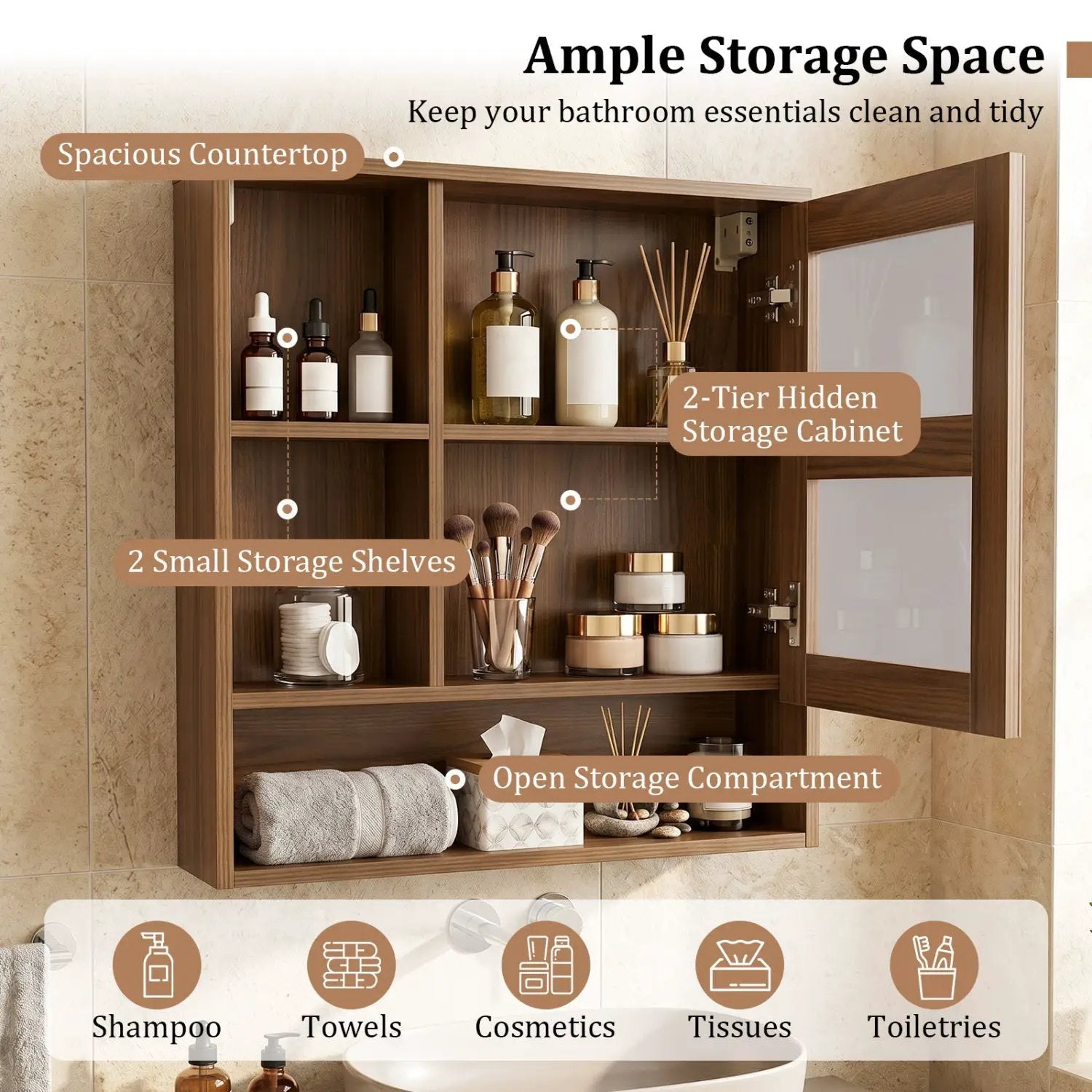 Wall-Mounted Mirror Cabinet with Hidden & Open Storage by DirectDeals