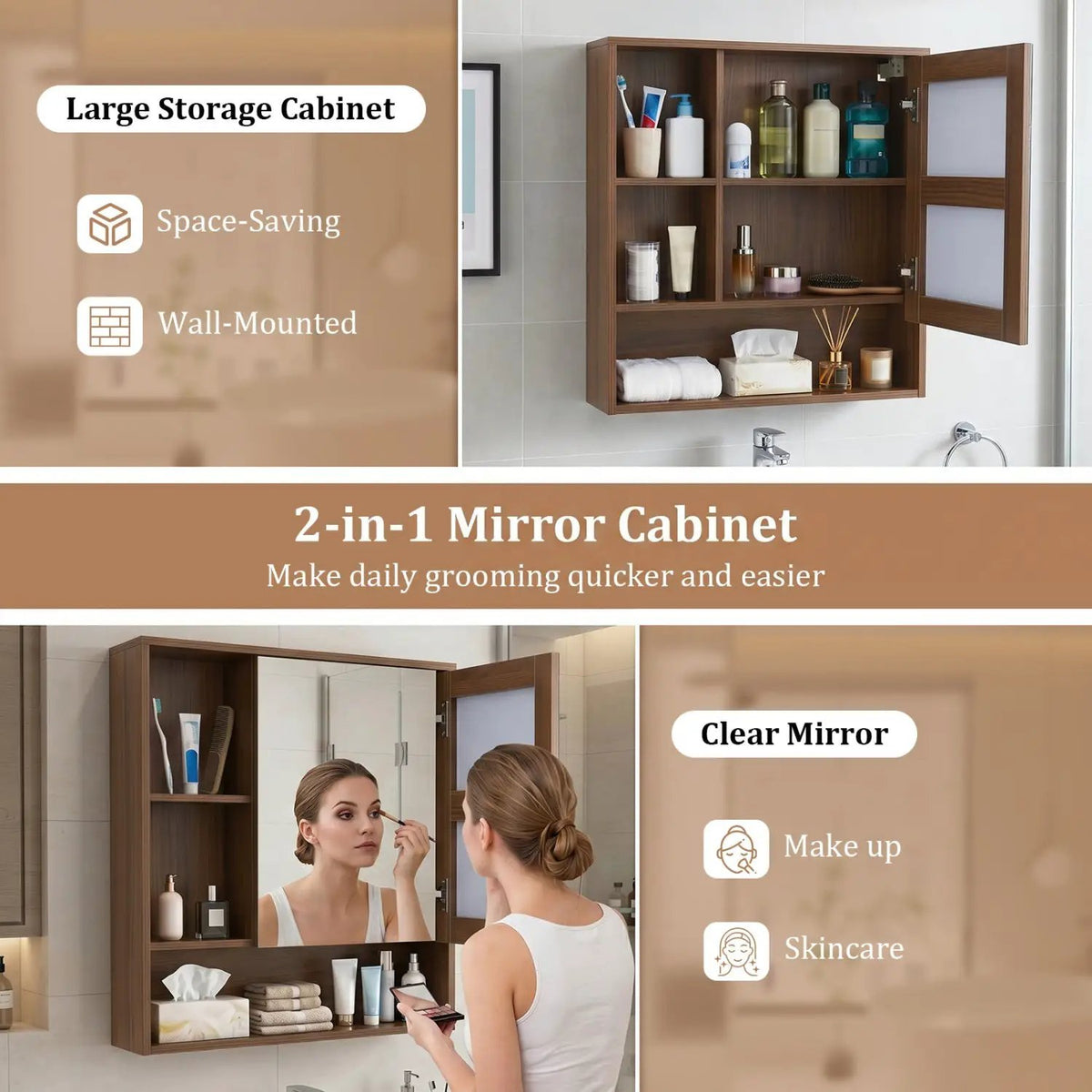 Wall-Mounted Mirror Cabinet with Hidden & Open Storage by DirectDeals