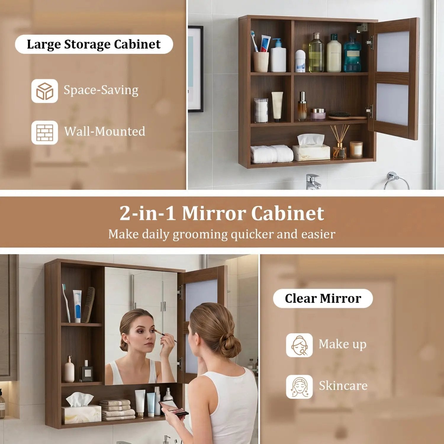 Wall-Mounted Mirror Cabinet with Hidden & Open Storage by DirectDeals