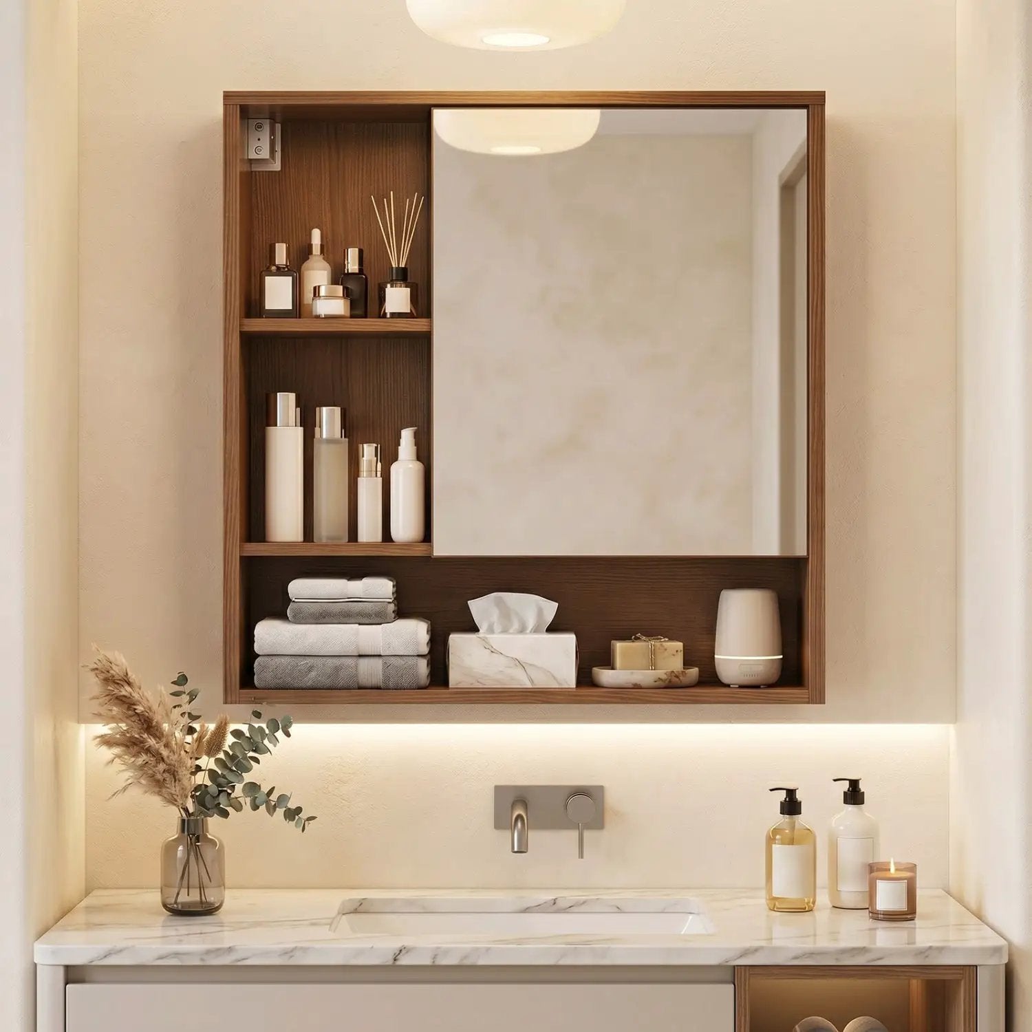 Wall-Mounted Mirror Cabinet with Hidden & Open Storage by DirectDeals