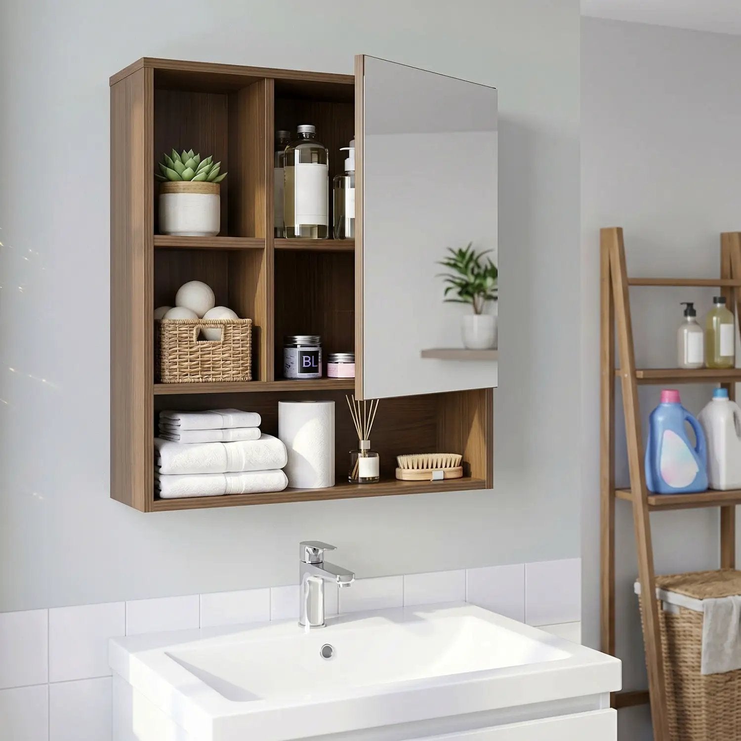 Wall-Mounted Mirror Cabinet with Hidden & Open Storage by DirectDeals