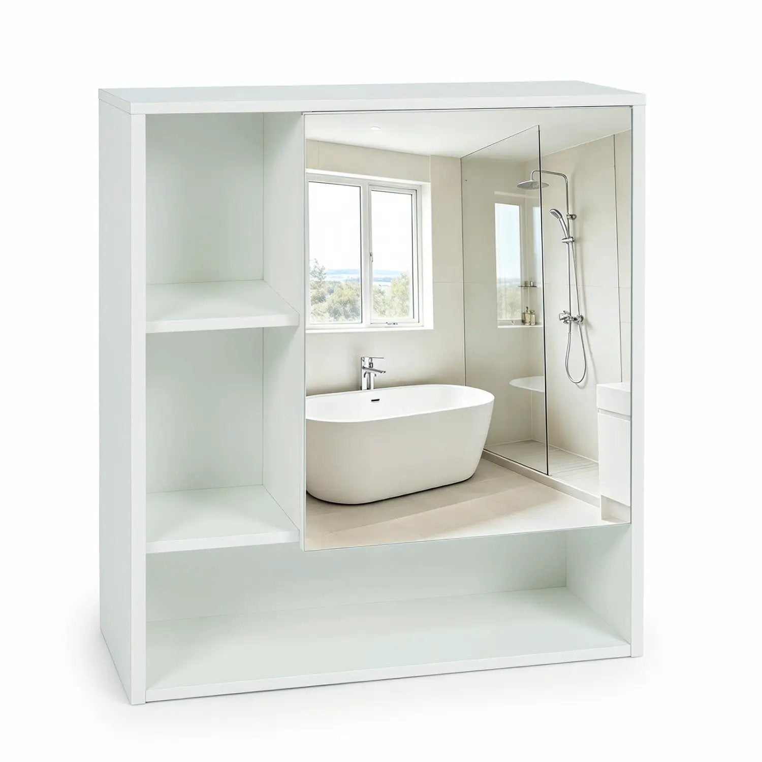 Wall-Mounted Mirror Cabinet with Hidden & Open Storage by DirectDeals