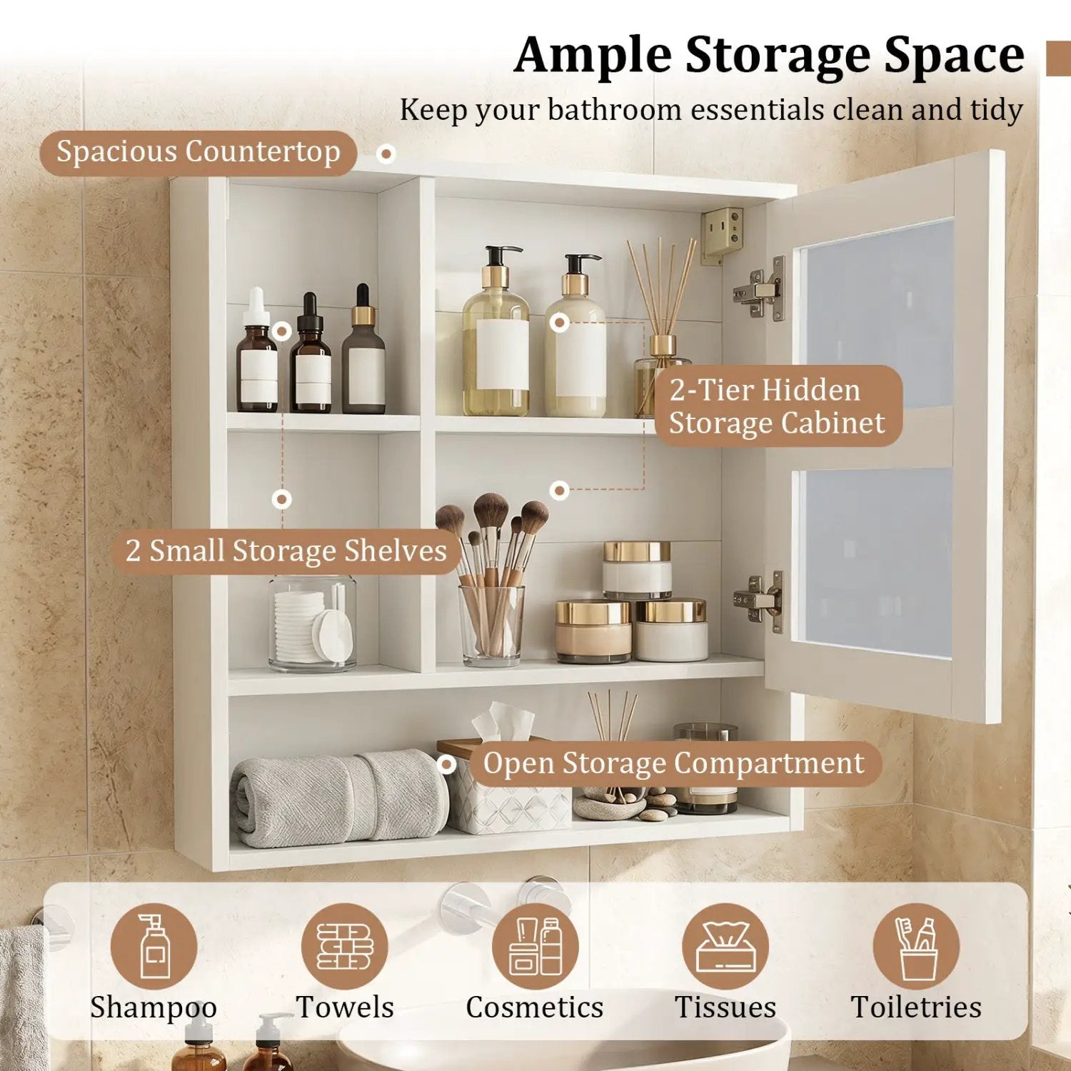 Wall-Mounted Mirror Cabinet with Hidden & Open Storage by DirectDeals