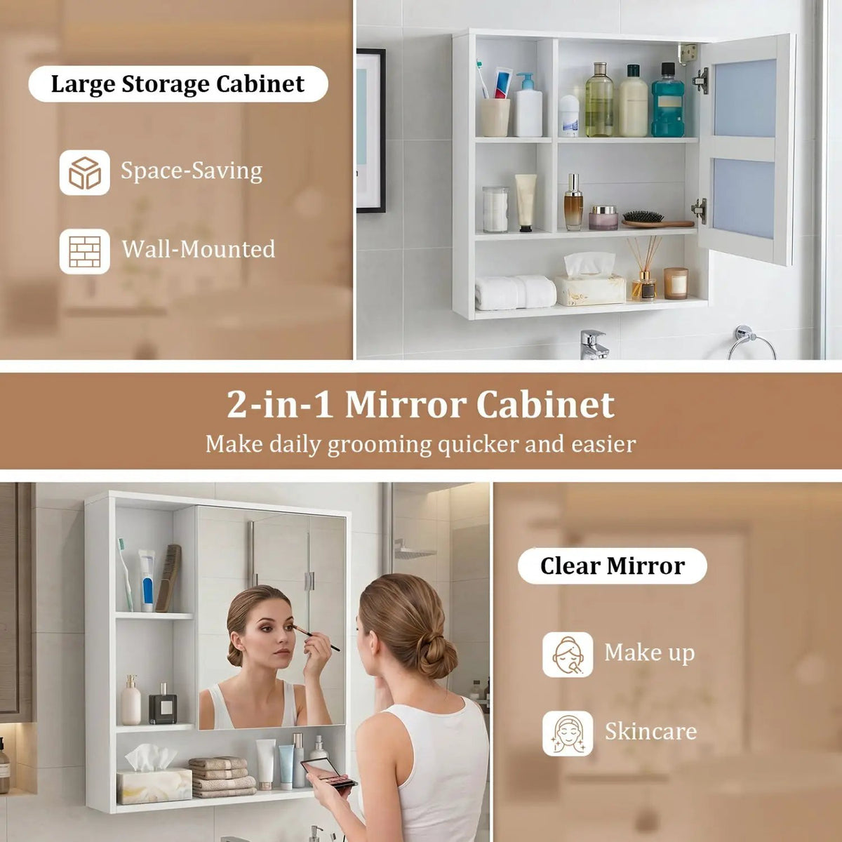 Wall-Mounted Mirror Cabinet with Hidden & Open Storage by DirectDeals