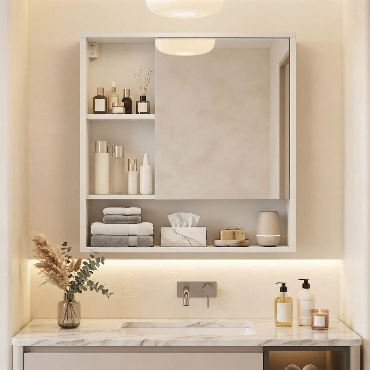 Wall-Mounted Mirror Cabinet with Hidden & Open Storage by DirectDeals