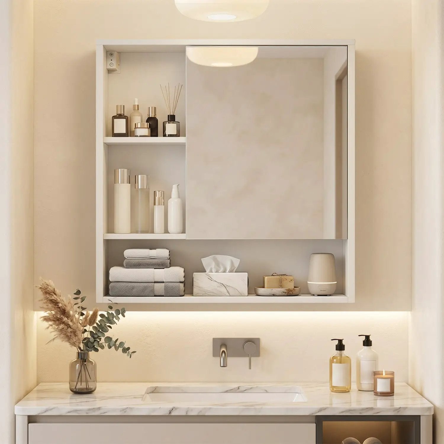 Wall-Mounted Mirror Cabinet with Hidden & Open Storage by DirectDeals