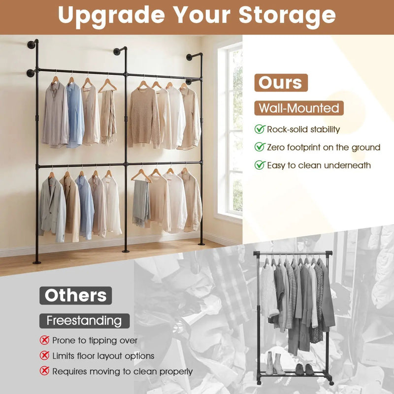Wall Mounted Pipe Clothing Rack with 4 Hanging Rods by DirectDeals