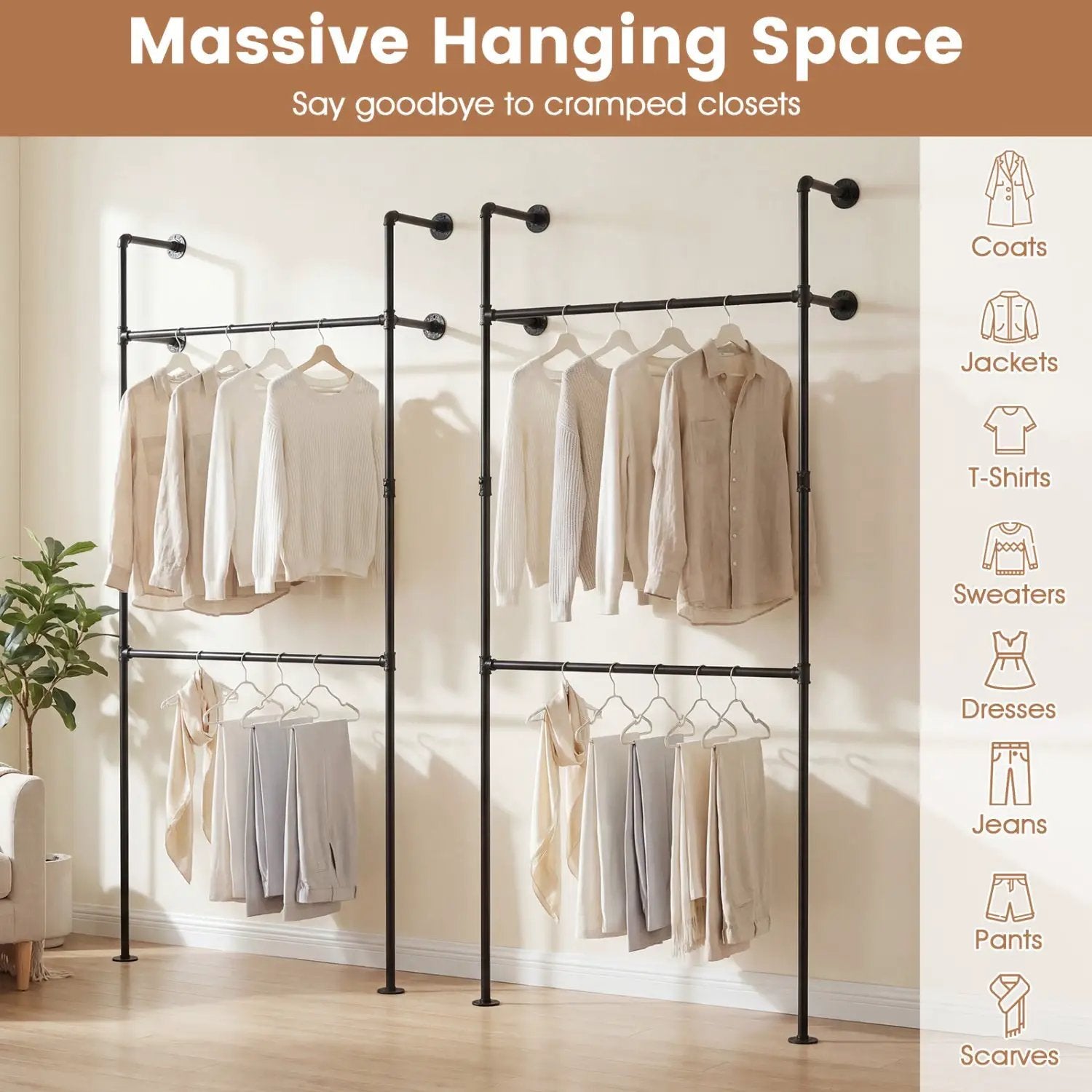 Wall Mounted Pipe Clothing Rack with 2 Hanging Rods by DirectDeals