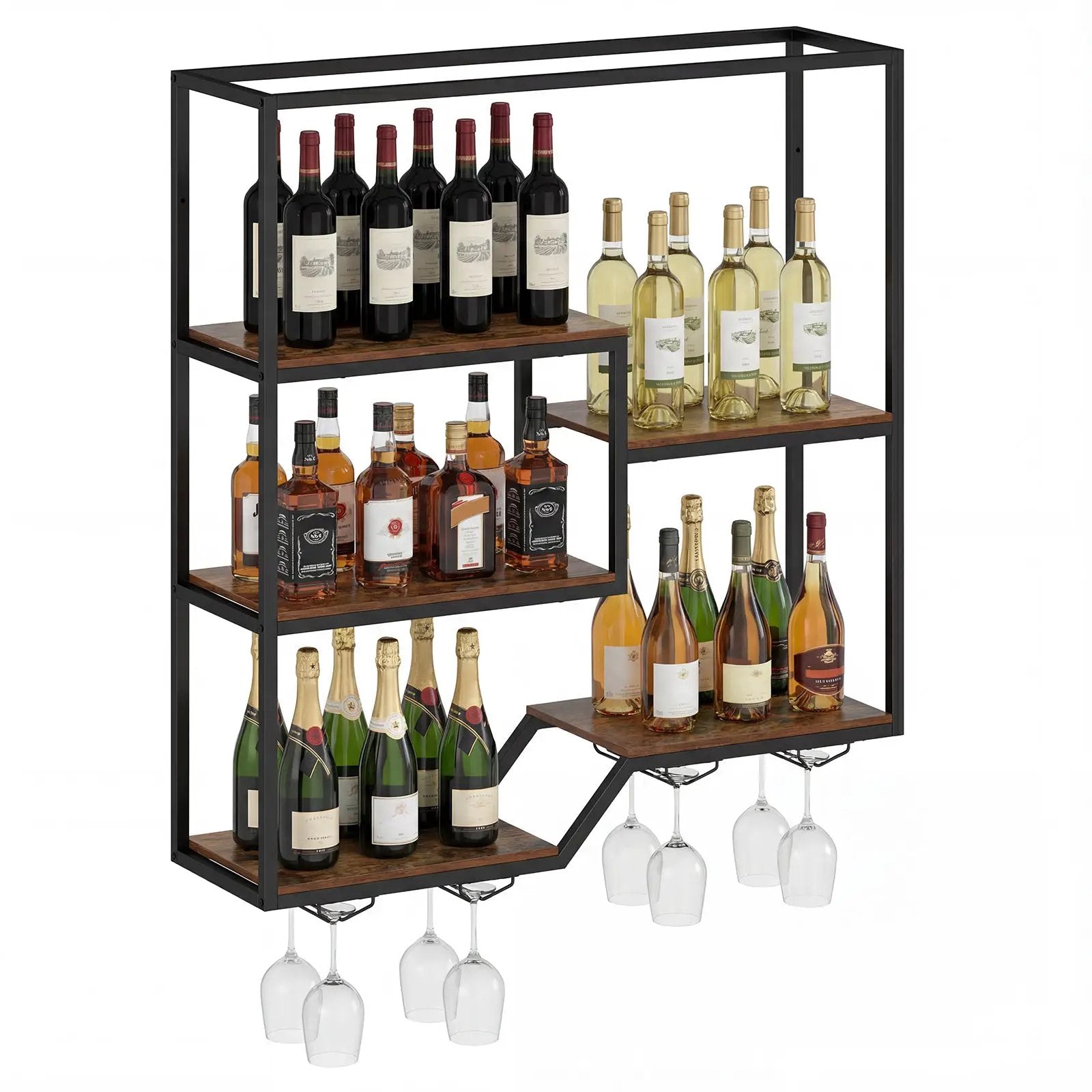 Wall Mounted Wine Rack 6-Tier Hanging Bar Shelf with Bottle Display Shelf and Glass Holder-Rustic Brown by DirectDeals