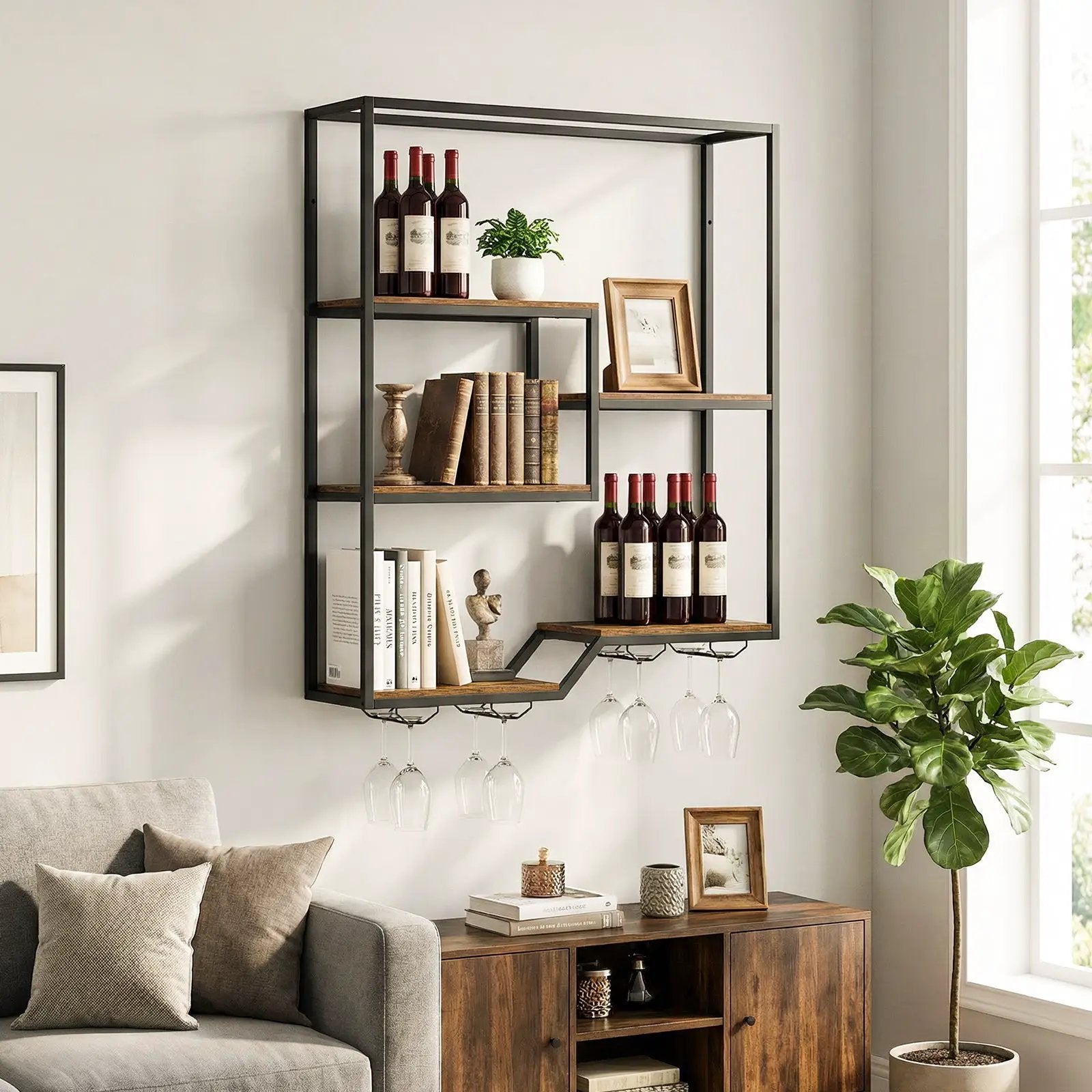 Wall Mounted Wine Rack 6-Tier Hanging Bar Shelf with Bottle Display Shelf and Glass Holder-Rustic Brown by DirectDeals
