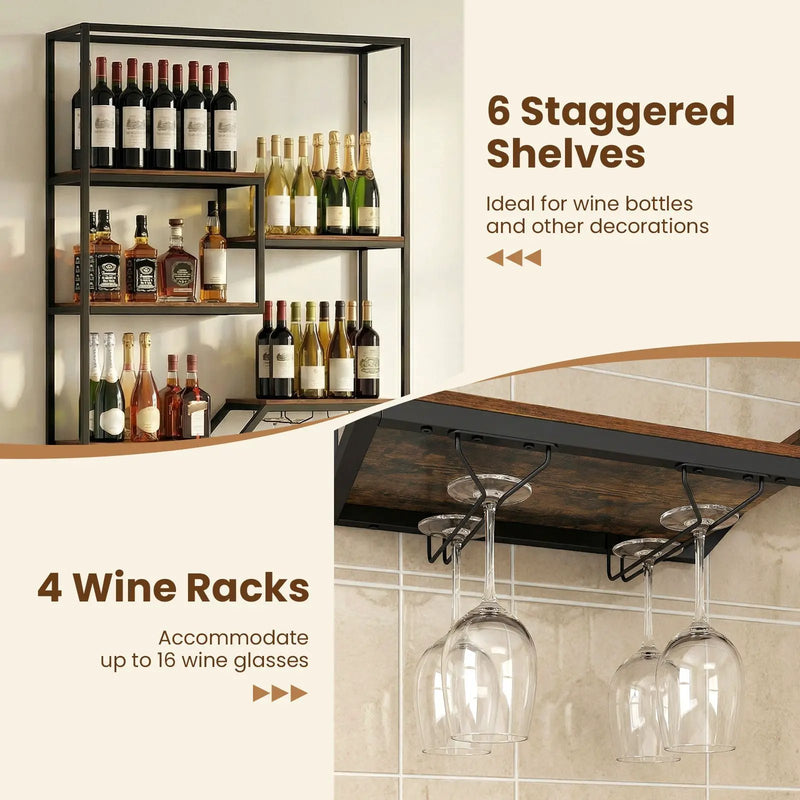 Wall Mounted Wine Rack 6-Tier Hanging Bar Shelf with Bottle Display Shelf and Glass Holder-Rustic Brown by DirectDeals