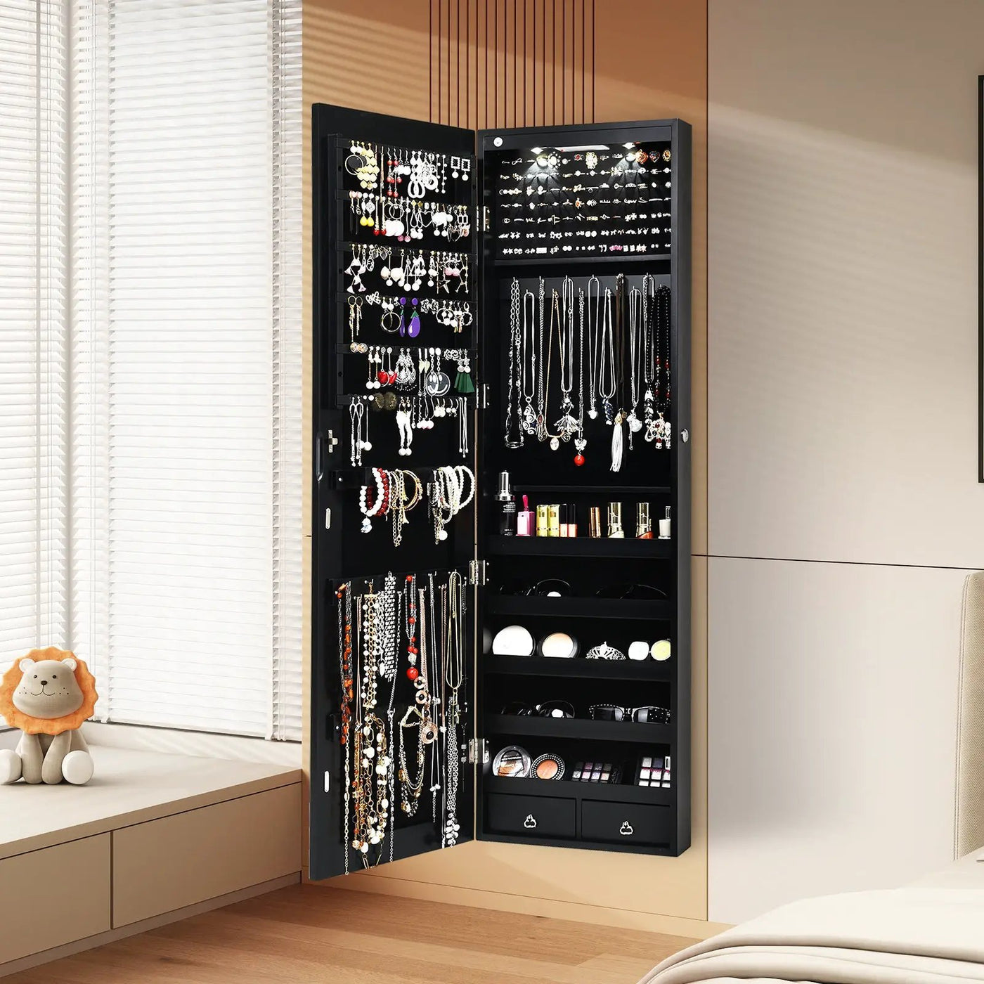 Wall and Door Mounted Mirrored Jewelry Cabinet with Lights by DirectDeals