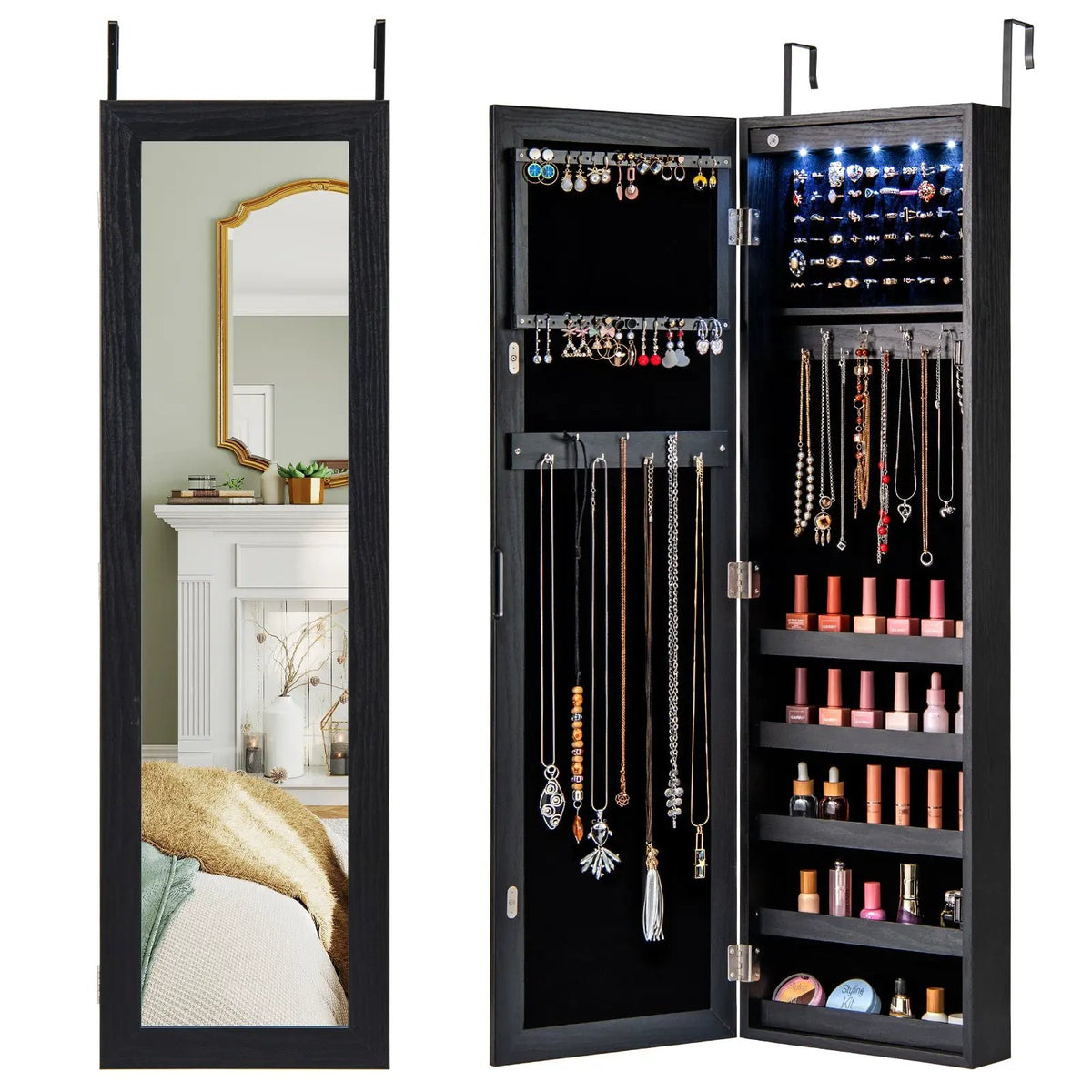 Wall or Door Mounted Jewelry Cabinet with Full-Length Mirror and LED Lights by DirectDeals