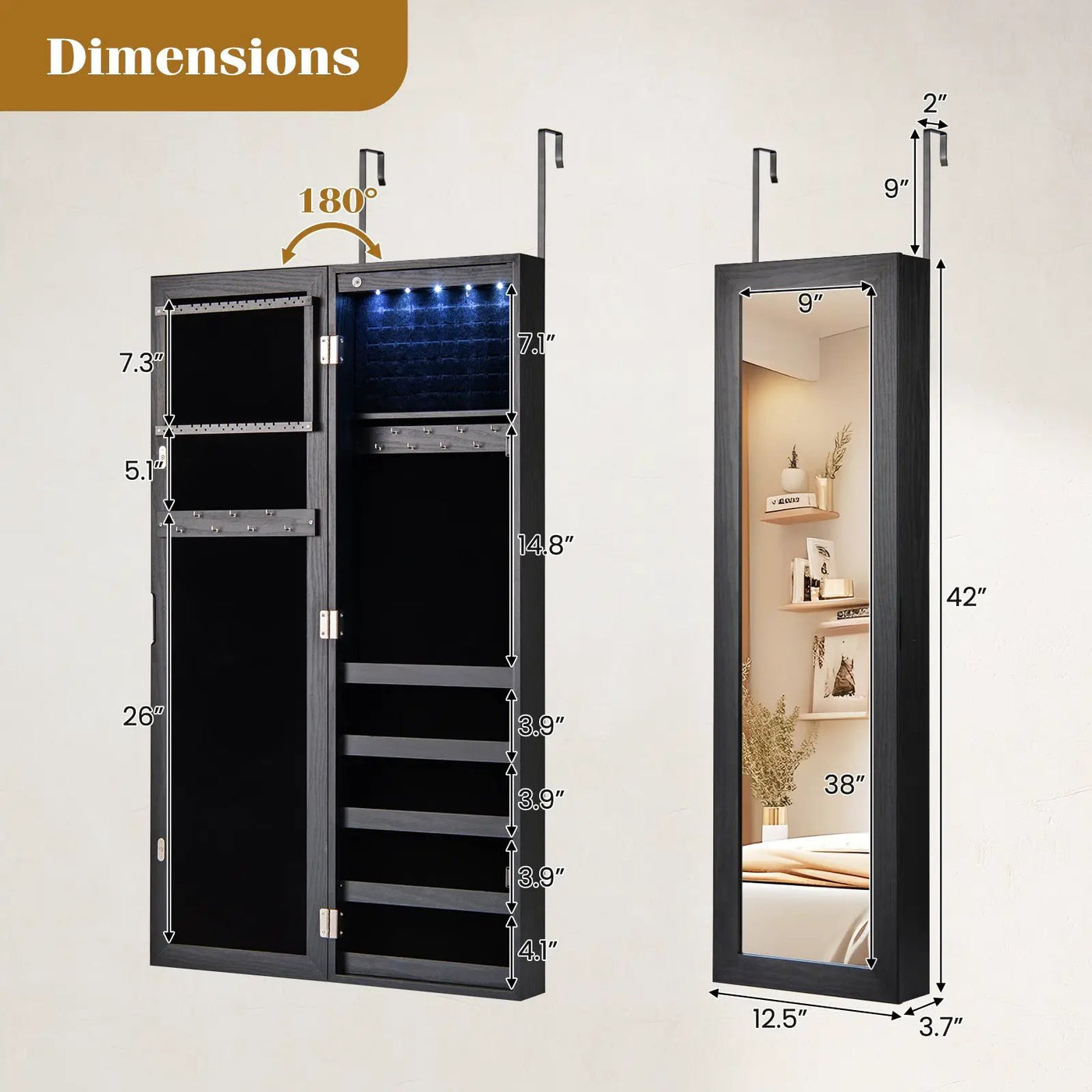 Wall or Door Mounted Jewelry Cabinet with Full-Length Mirror and LED Lights by DirectDeals