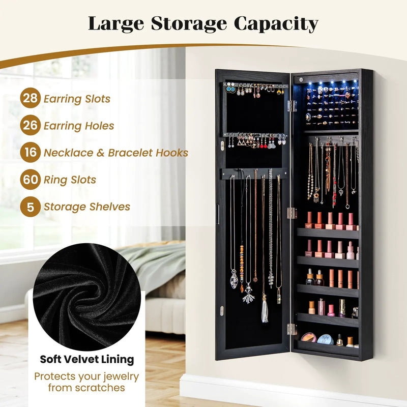 Wall or Door Mounted Jewelry Cabinet with Full-Length Mirror and LED Lights by DirectDeals
