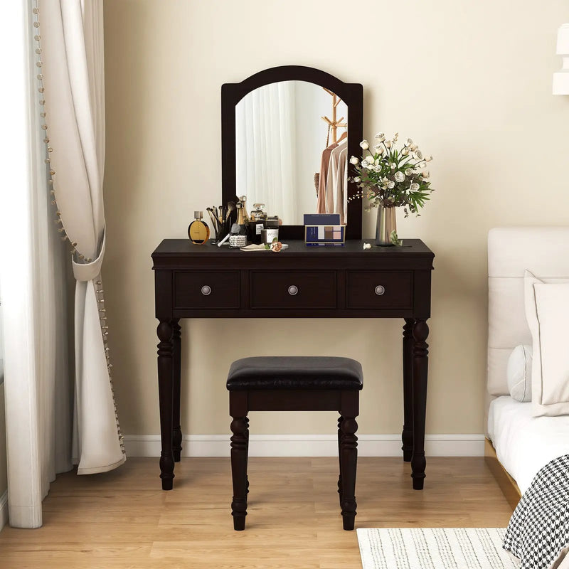 Makeup Vanity Table and Stool Set with Detachable Mirror and 3 Drawers Storage by DirectDeals