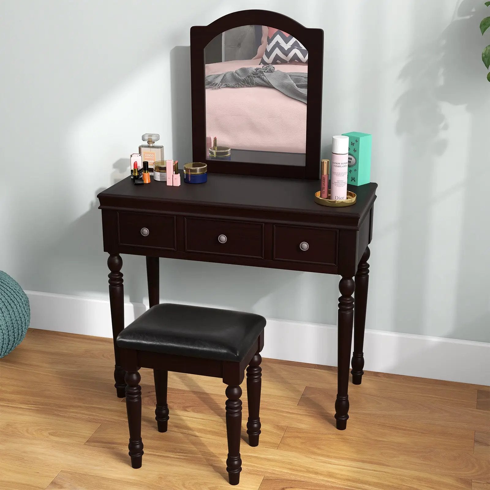 Makeup Vanity Table and Stool Set with Detachable Mirror and 3 Drawers Storage by DirectDeals