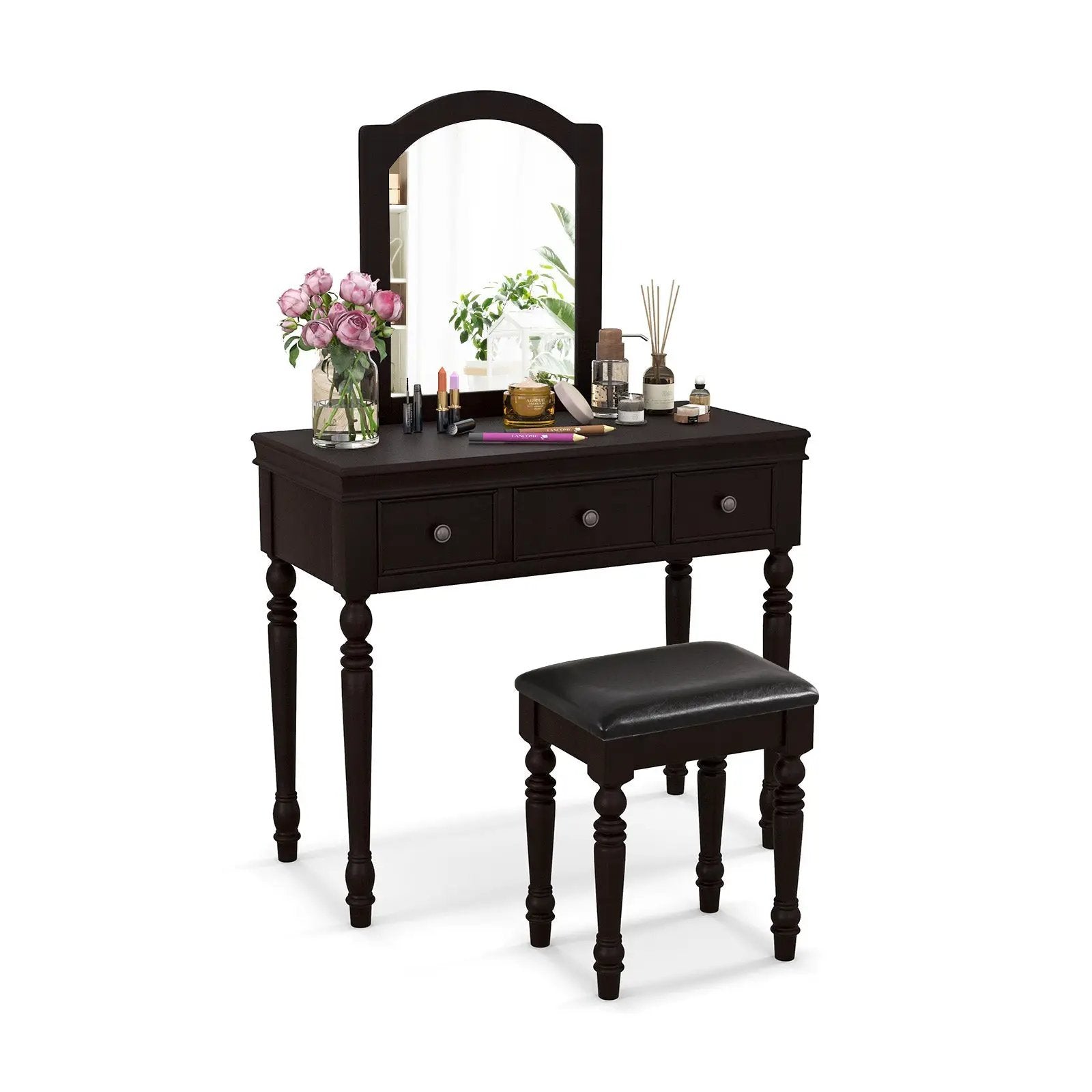 Makeup Vanity Table and Stool Set with Detachable Mirror and 3 Drawers Storage by DirectDeals
