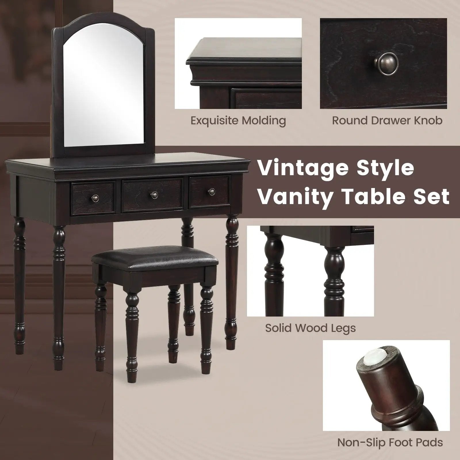 Makeup Vanity Table and Stool Set with Detachable Mirror and 3 Drawers Storage by DirectDeals