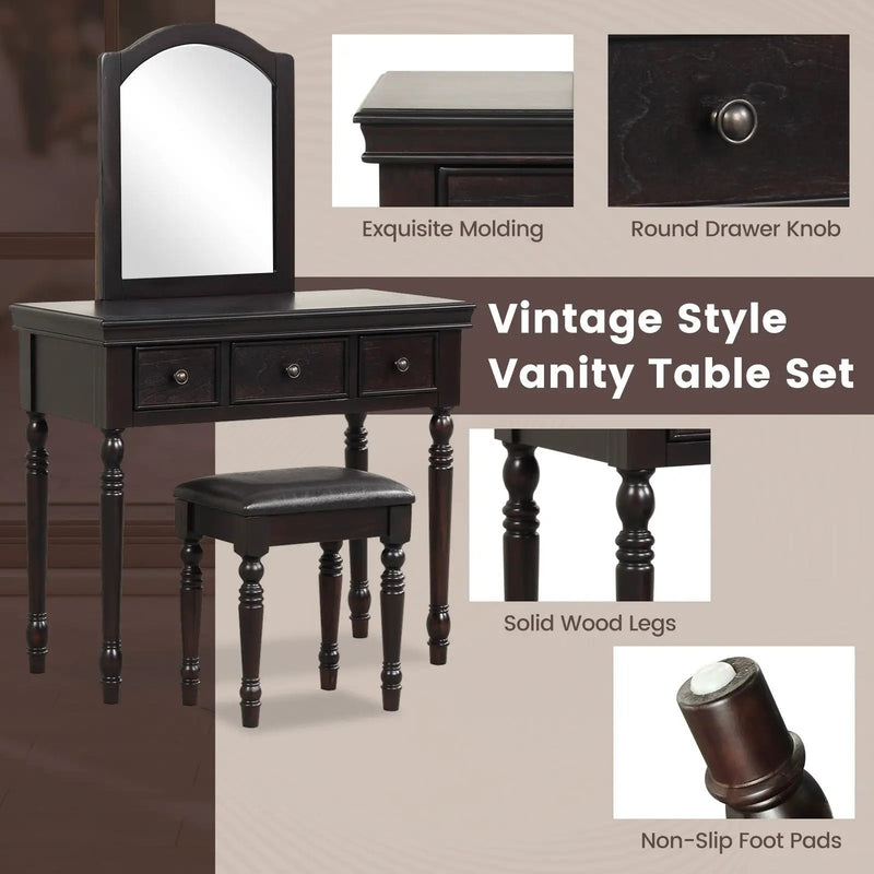 Makeup Vanity Table and Stool Set with Detachable Mirror and 3 Drawers Storage by DirectDeals