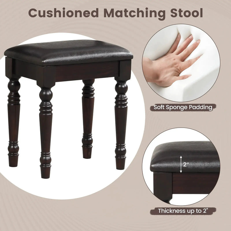 Makeup Vanity Table and Stool Set with Detachable Mirror and 3 Drawers Storage by DirectDeals