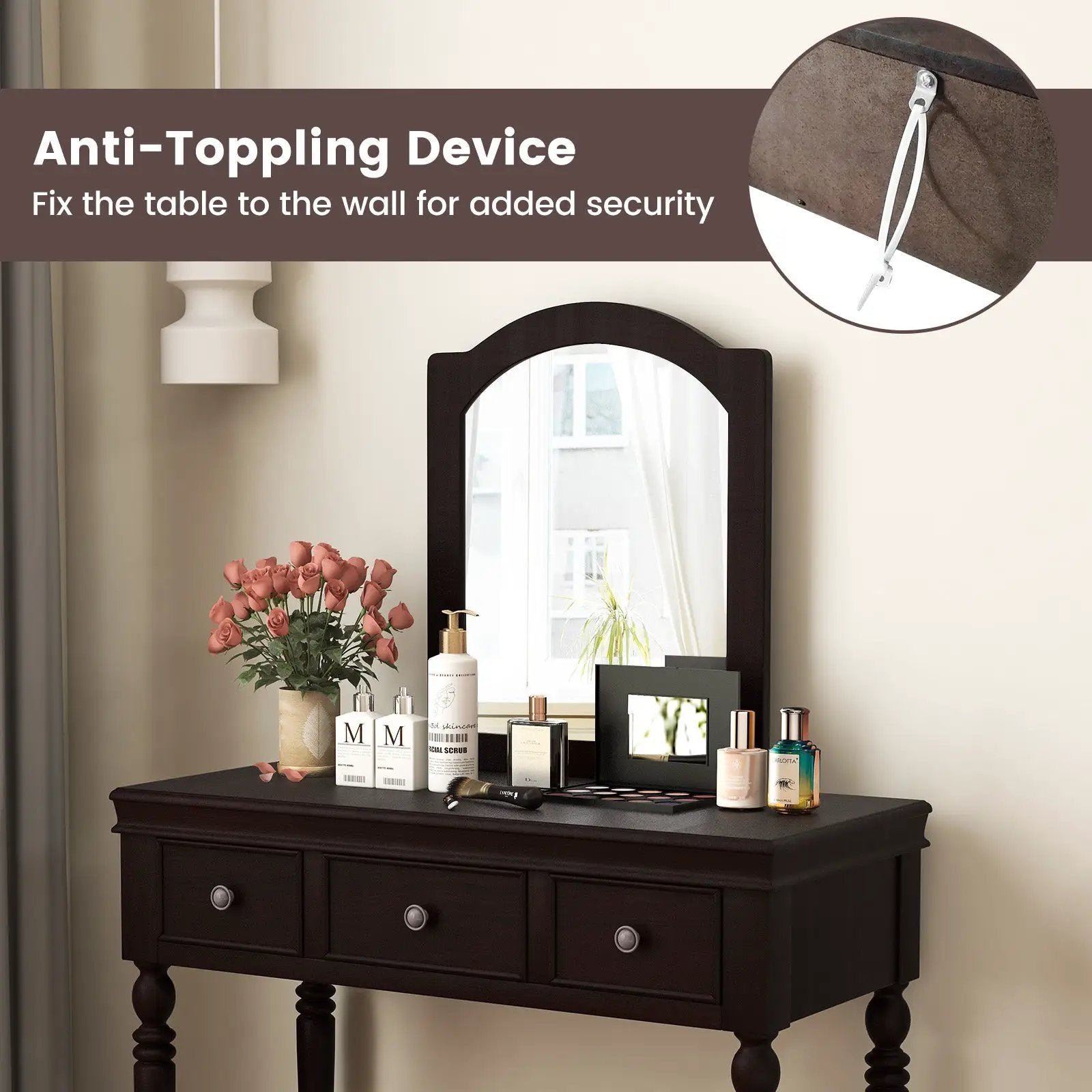 Makeup Vanity Table and Stool Set with Detachable Mirror and 3 Drawers Storage by DirectDeals