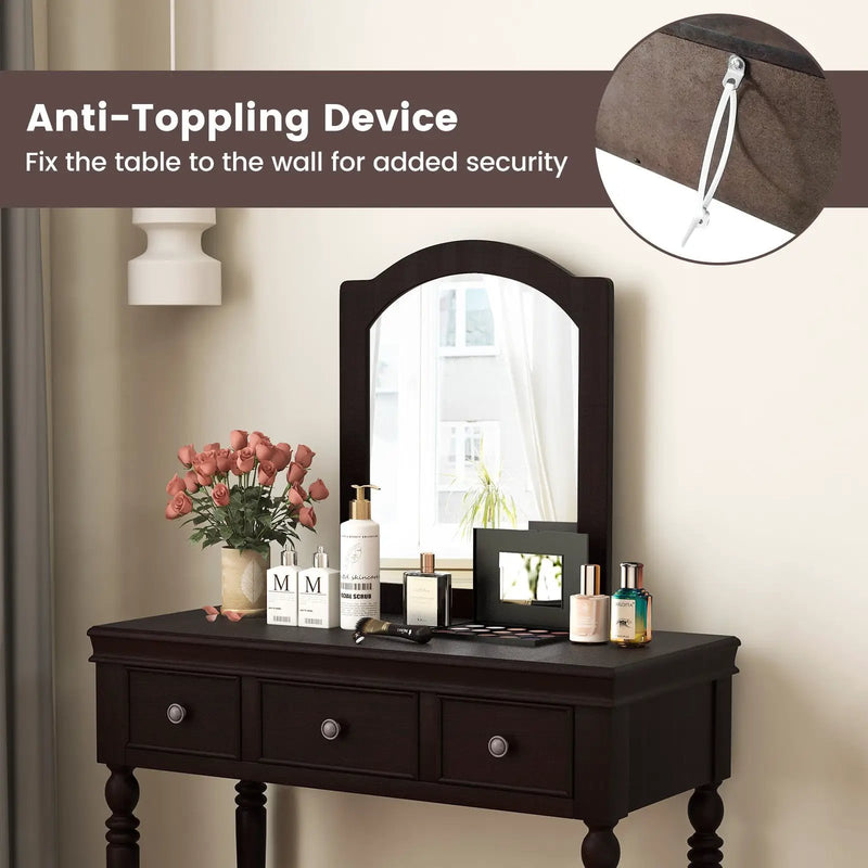 Makeup Vanity Table and Stool Set with Detachable Mirror and 3 Drawers Storage by DirectDeals