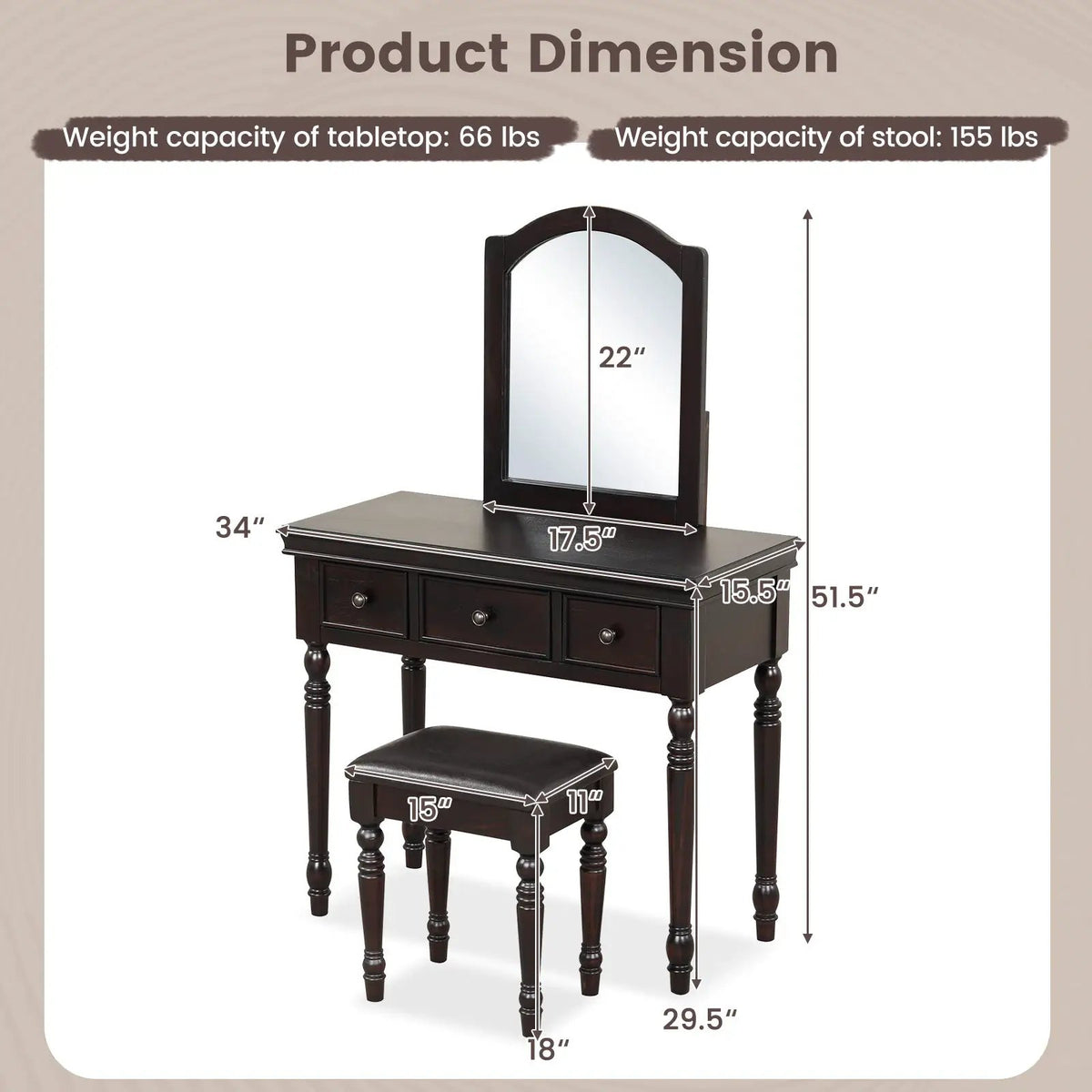 Makeup Vanity Table and Stool Set with Detachable Mirror and 3 Drawers Storage by DirectDeals