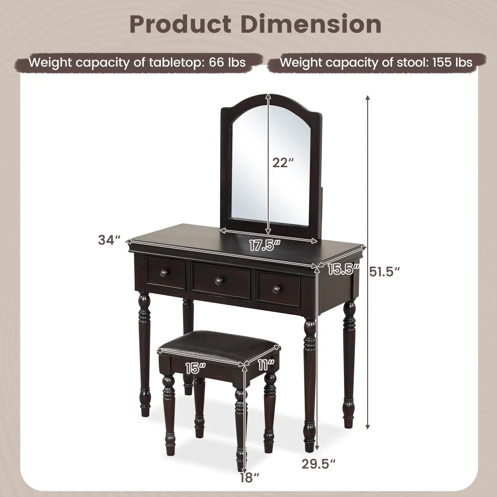 Makeup Vanity Table and Stool Set with Detachable Mirror and 3 Drawers Storage by DirectDeals