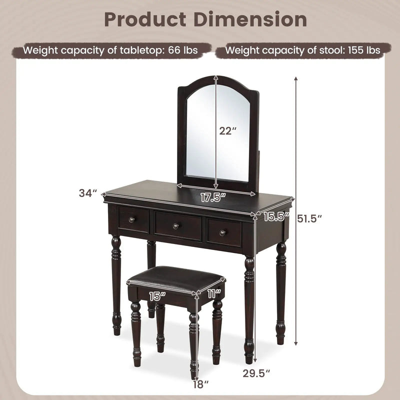 Makeup Vanity Table and Stool Set with Detachable Mirror and 3 Drawers Storage by DirectDeals
