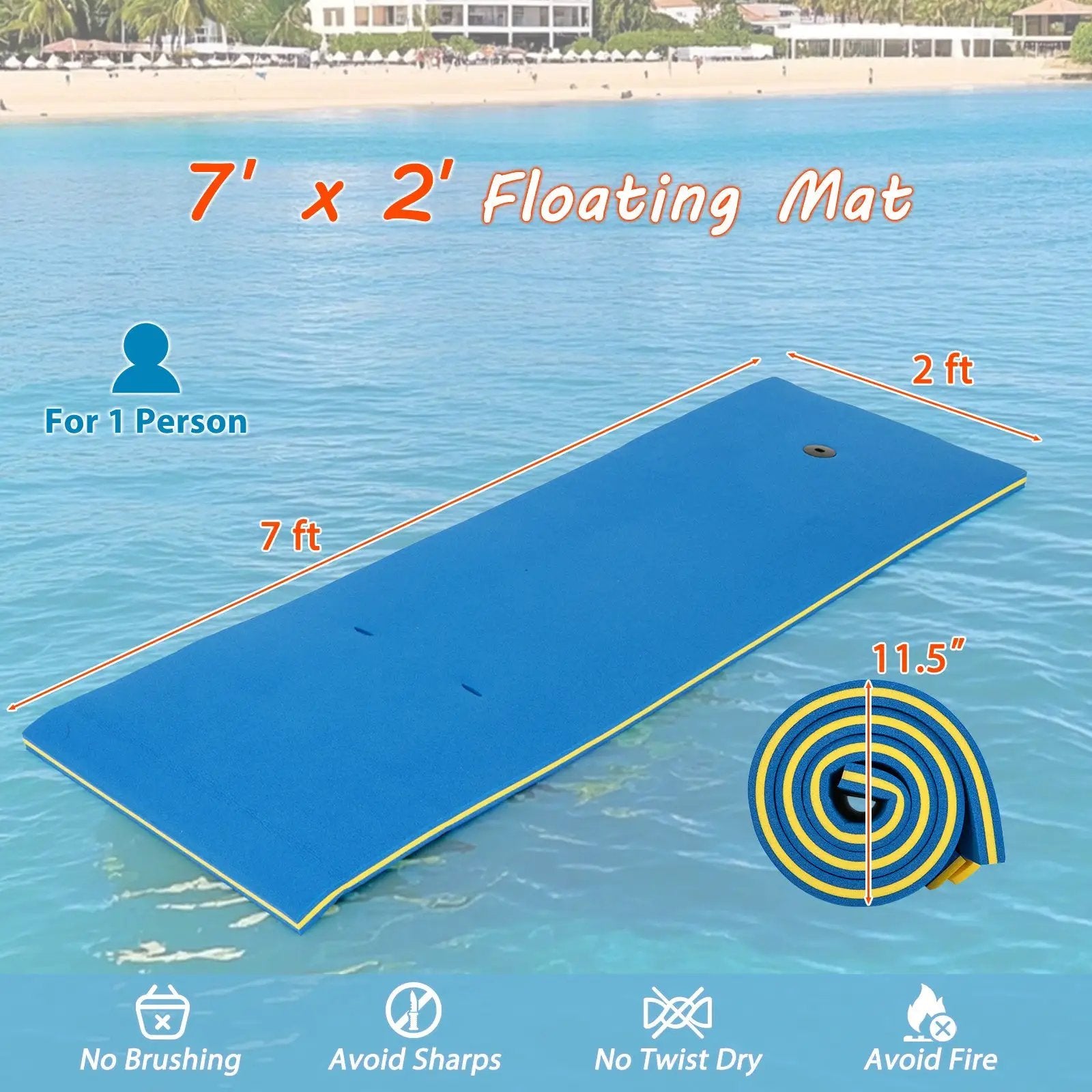 7 Inches x 2 Inches Water Mat with Safety Tether and Pillow Design for Lake and Pool-Blue by DirectDeals