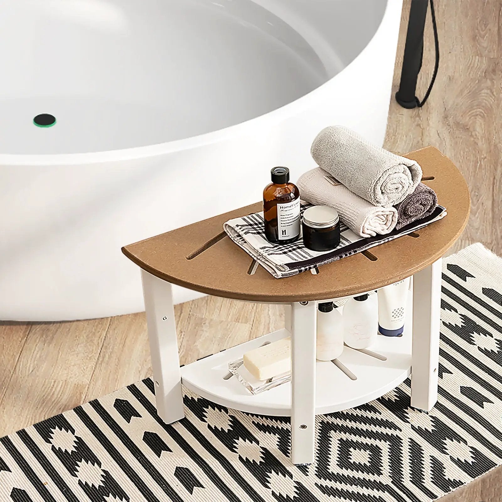 Waterproof HDPE Shower Bench with Semicircular Seat and Storage Shelf-Brown by DirectDeals
