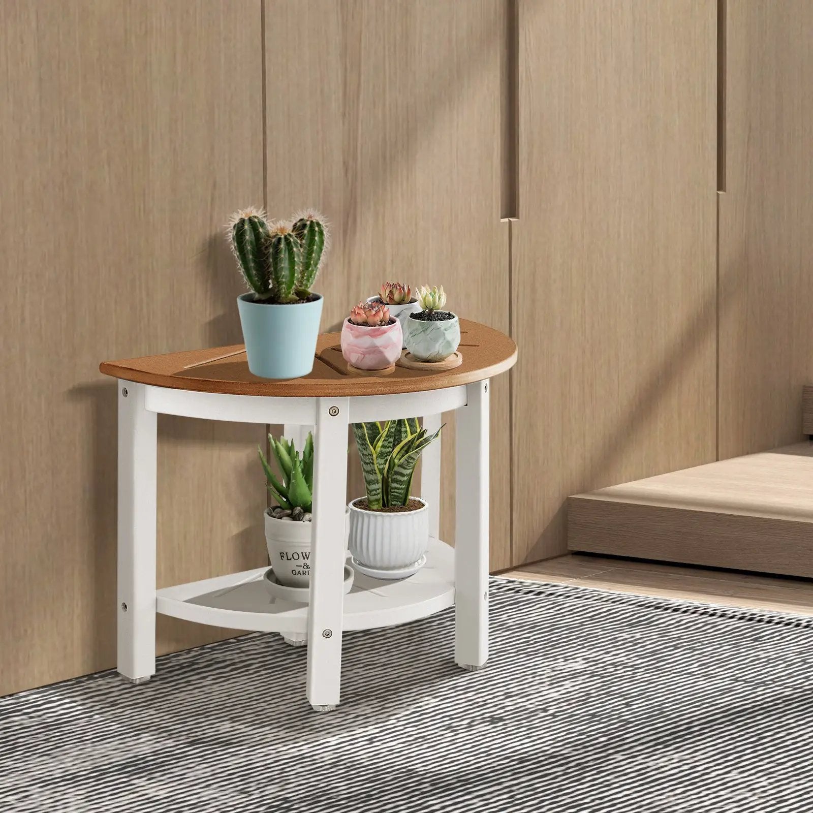 Waterproof HDPE Shower Bench with Semicircular Seat and Storage Shelf-Brown by DirectDeals