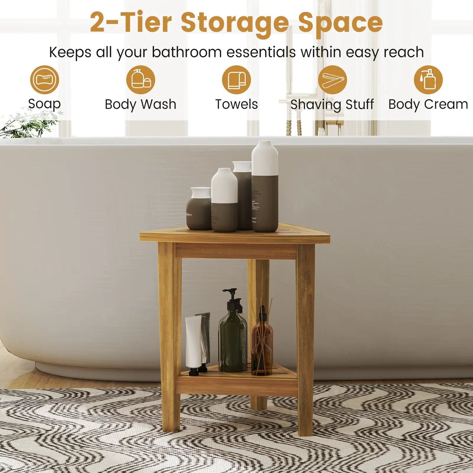18 Inches Waterproof Shower Stool with Storage Shelf by DirectDeals