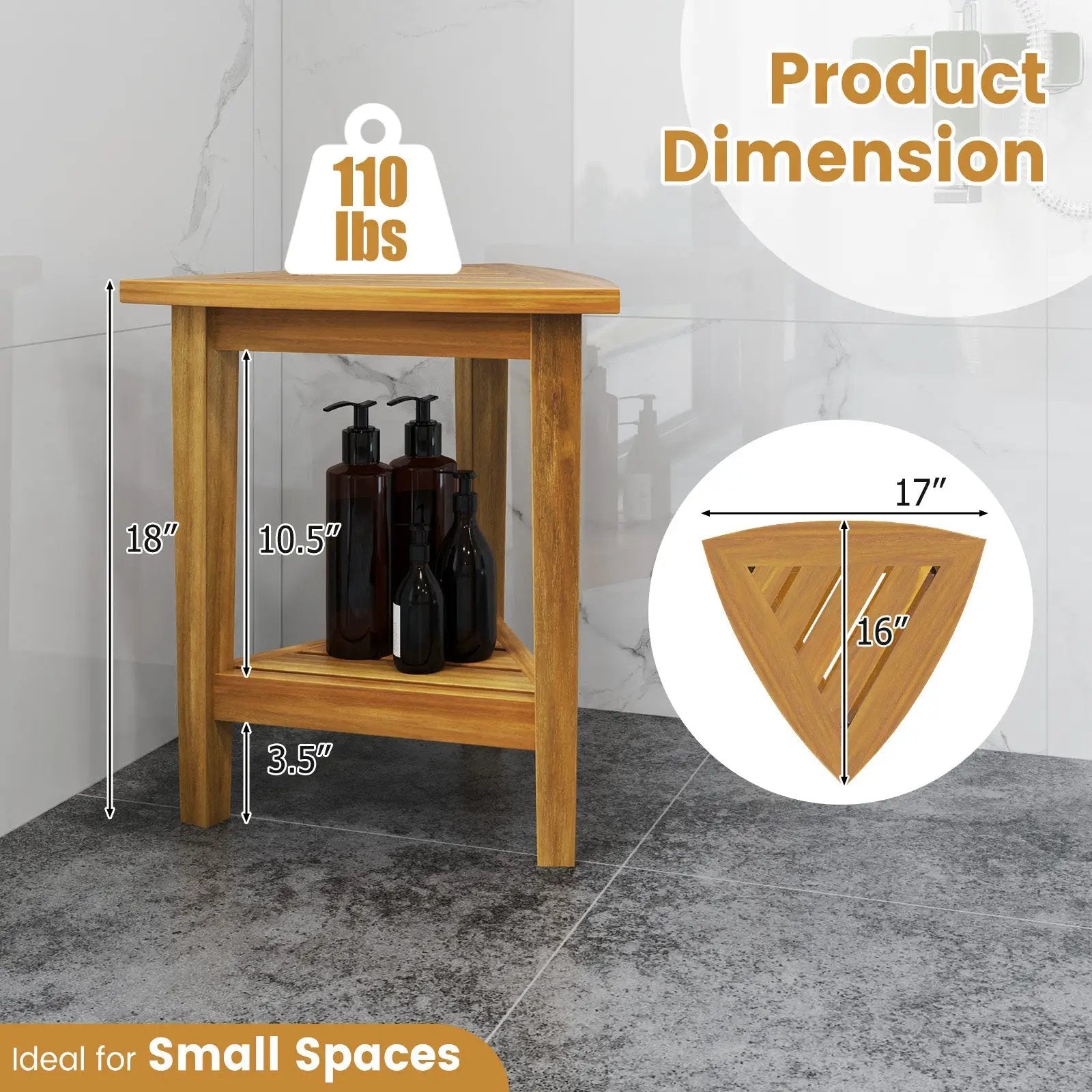 18 Inches Waterproof Shower Stool with Storage Shelf by DirectDeals