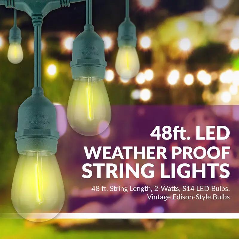 48 Ft Plug-In LED Outdoor String Lights Waterproof- Hanging, Dimmable 2W Vintage Edison Bulbs by Outdoor Solar Outlet