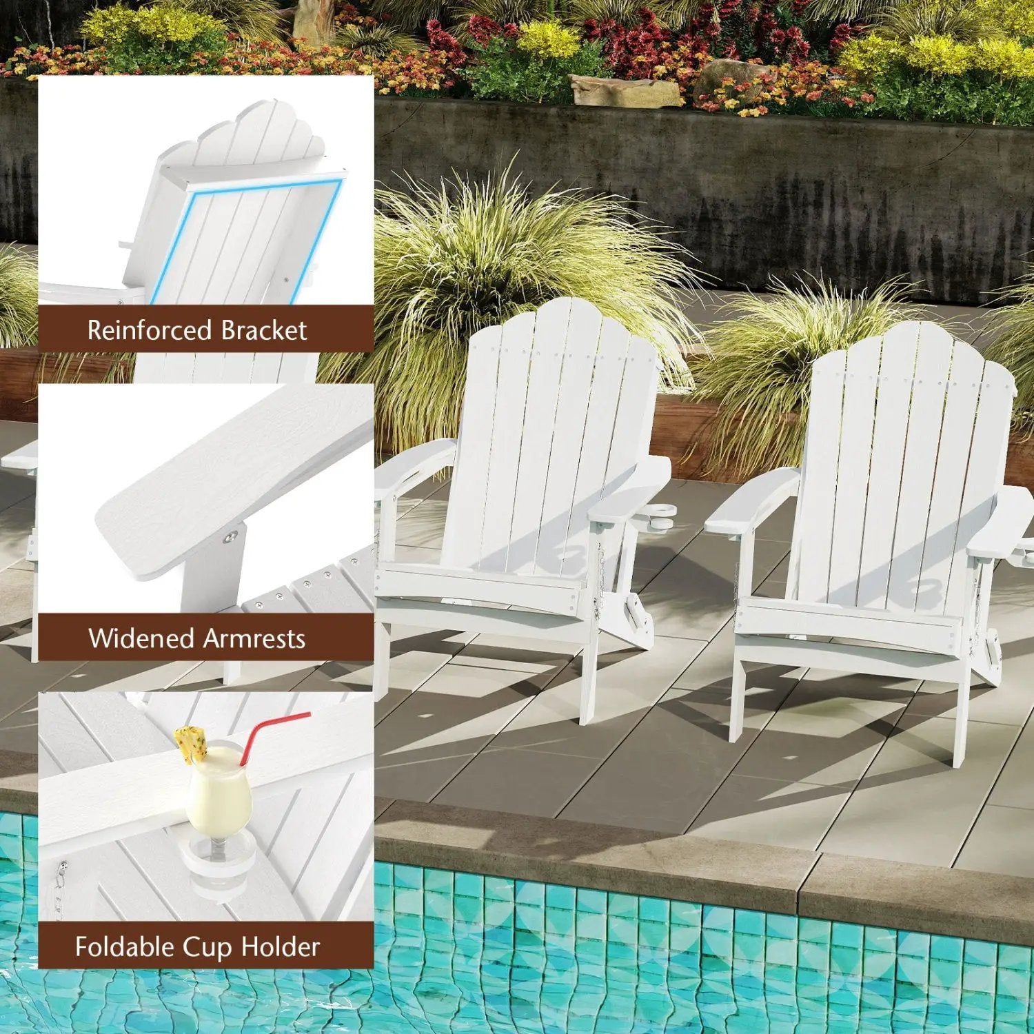 Folding Adirondack Chair with High Backrest - HDPE Weather Resistant by DirectDeals