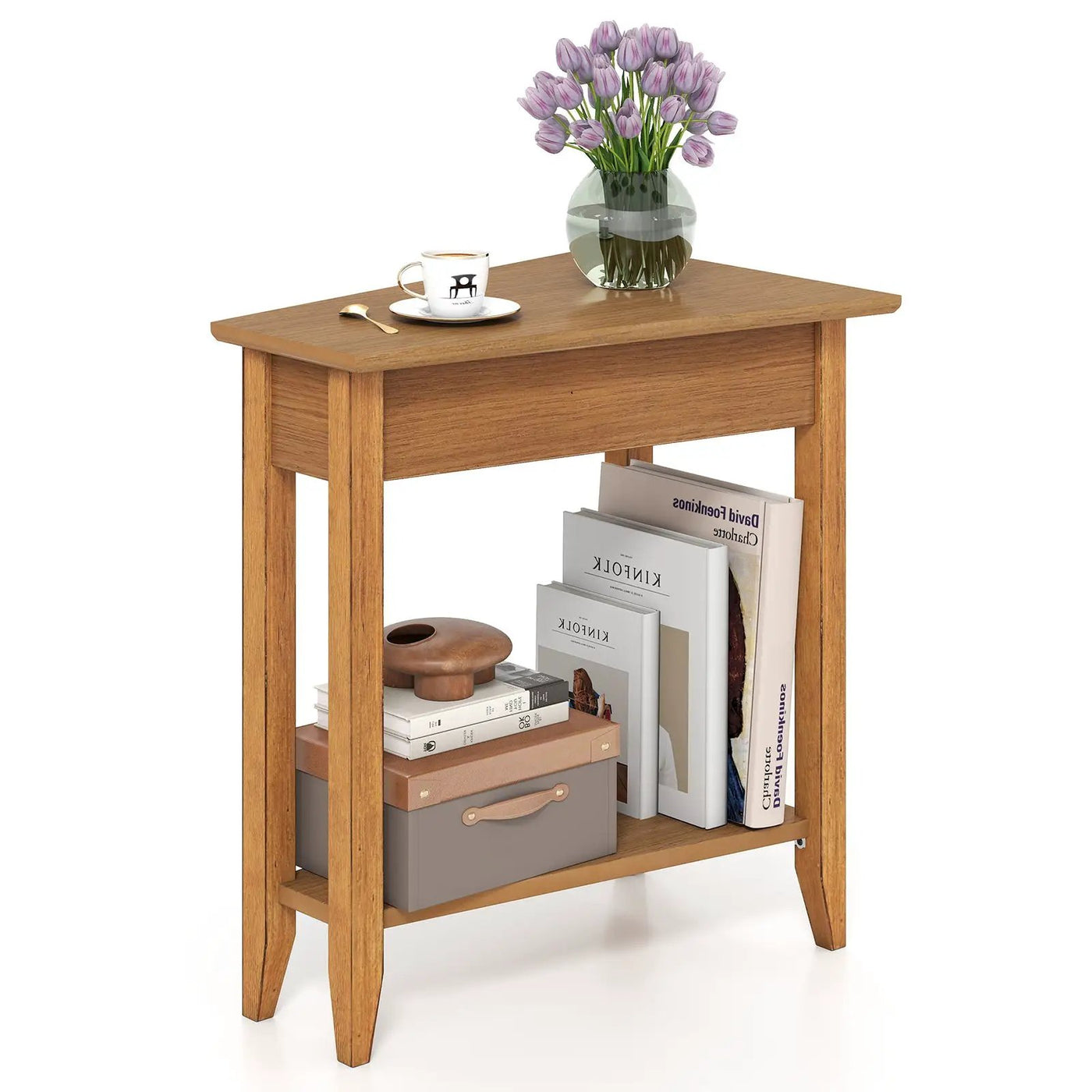 2-Tier Wedge Narrow End Table with Storage Shelf and Solid Wood Legs by DirectDeals