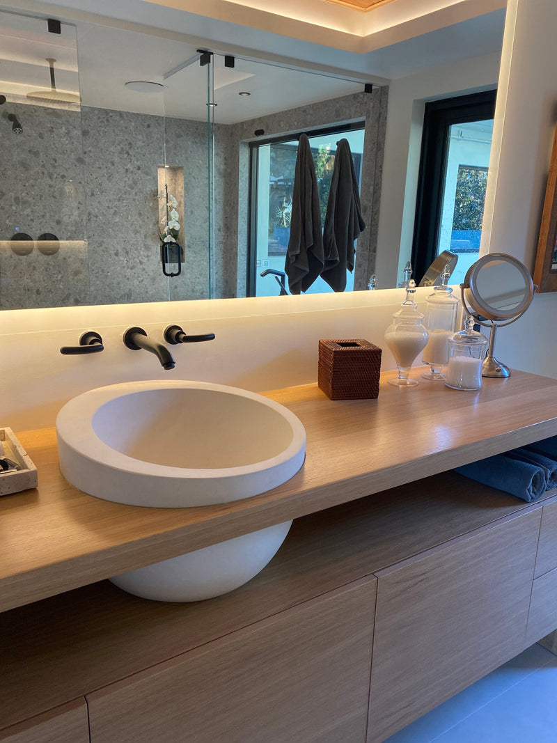 White Fossil Limestone Natural Stone Sloped Rim Vessel Sink by GobekDesign
