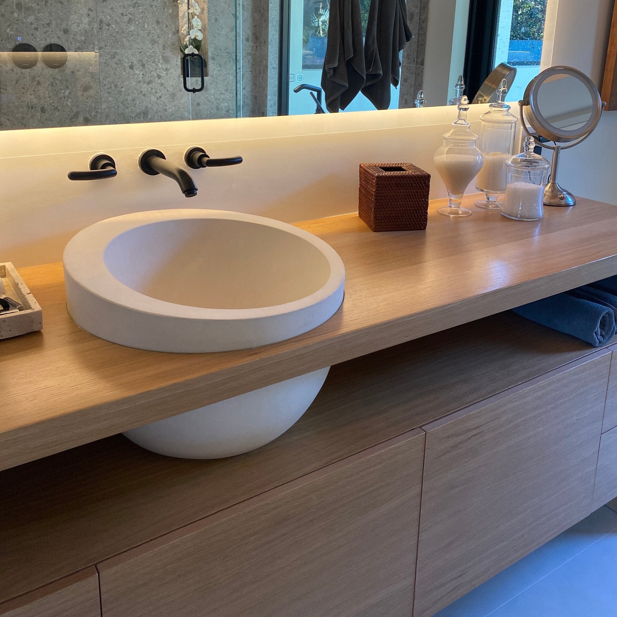 White Fossil Limestone Natural Stone Sloped Rim Vessel Sink by GobekDesign