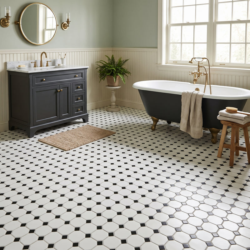 White And Black Matte Octagon Pattern Porcelain Mosaics, photo 4 of 7