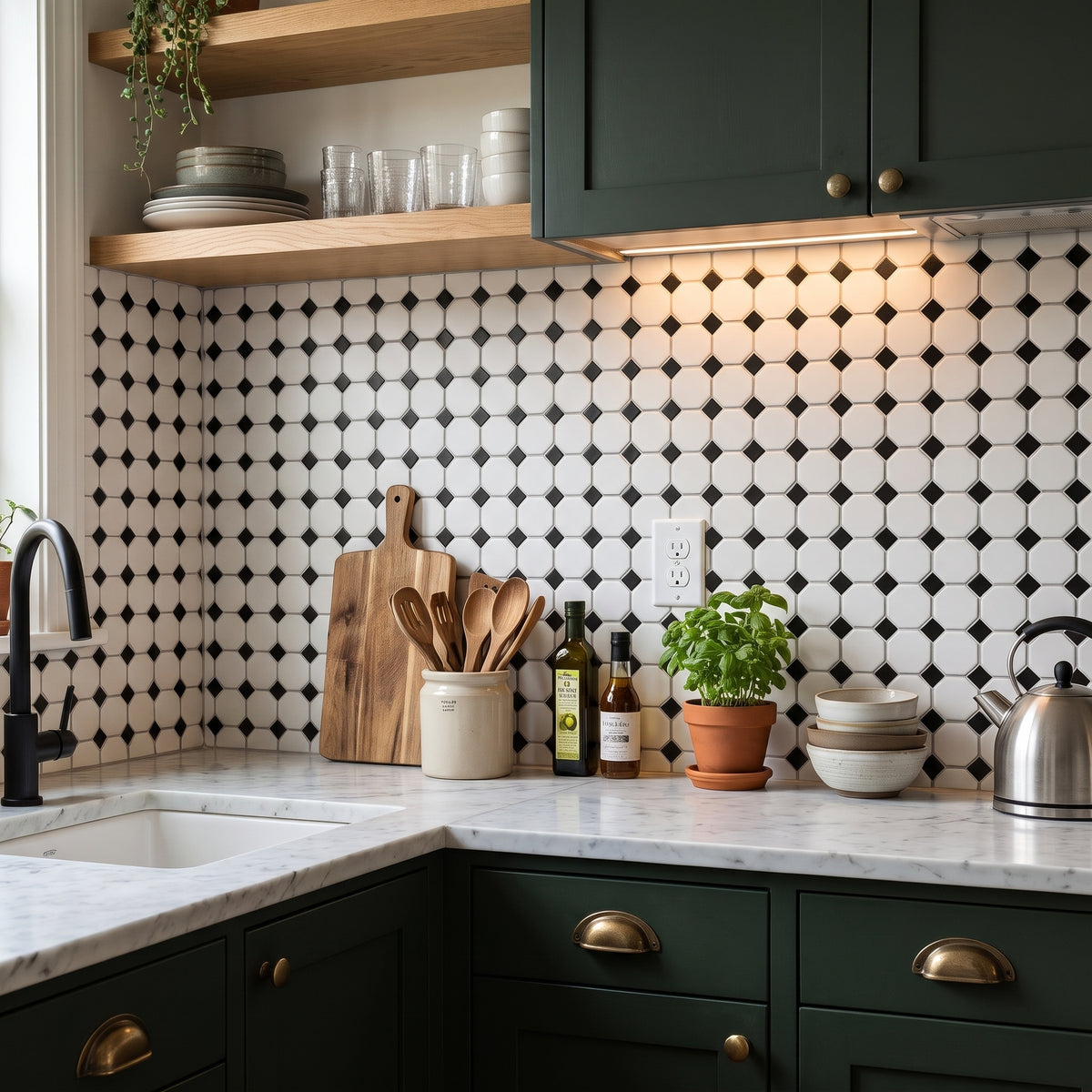 White And Black Matte Octagon Pattern Porcelain Mosaics, photo 3 of 7