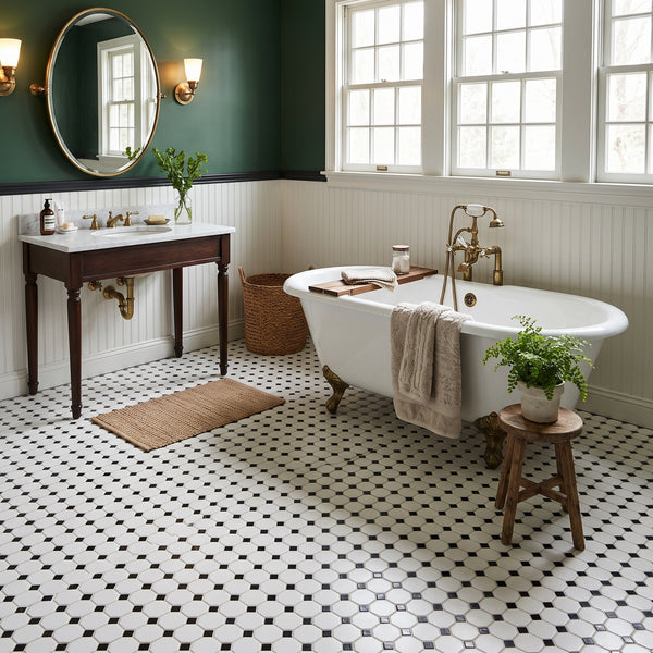 White And Black Matte Octagon Pattern Porcelain Mosaics