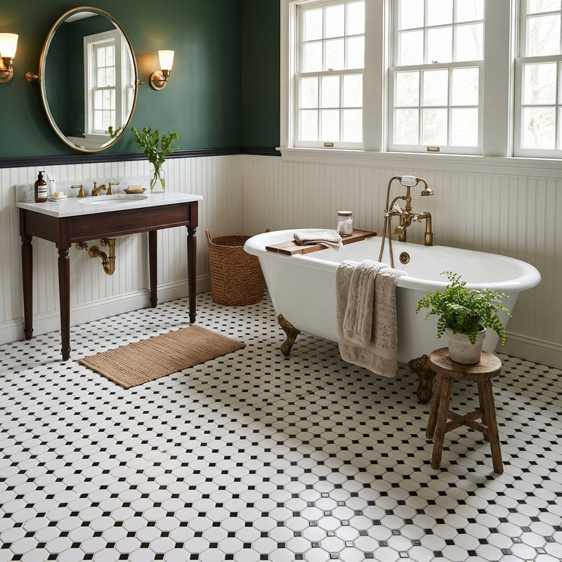 White And Black Matte Octagon Pattern Porcelain Mosaics