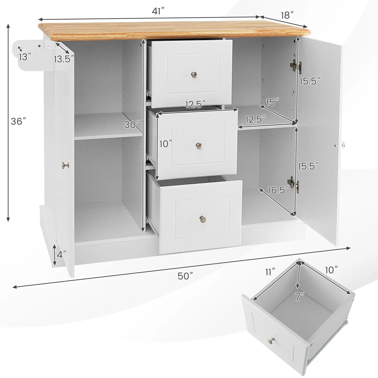2-Door Large Mobile Kitchen Island Cart with Hidden Wheelsand 3 Drawers by DirectDeals