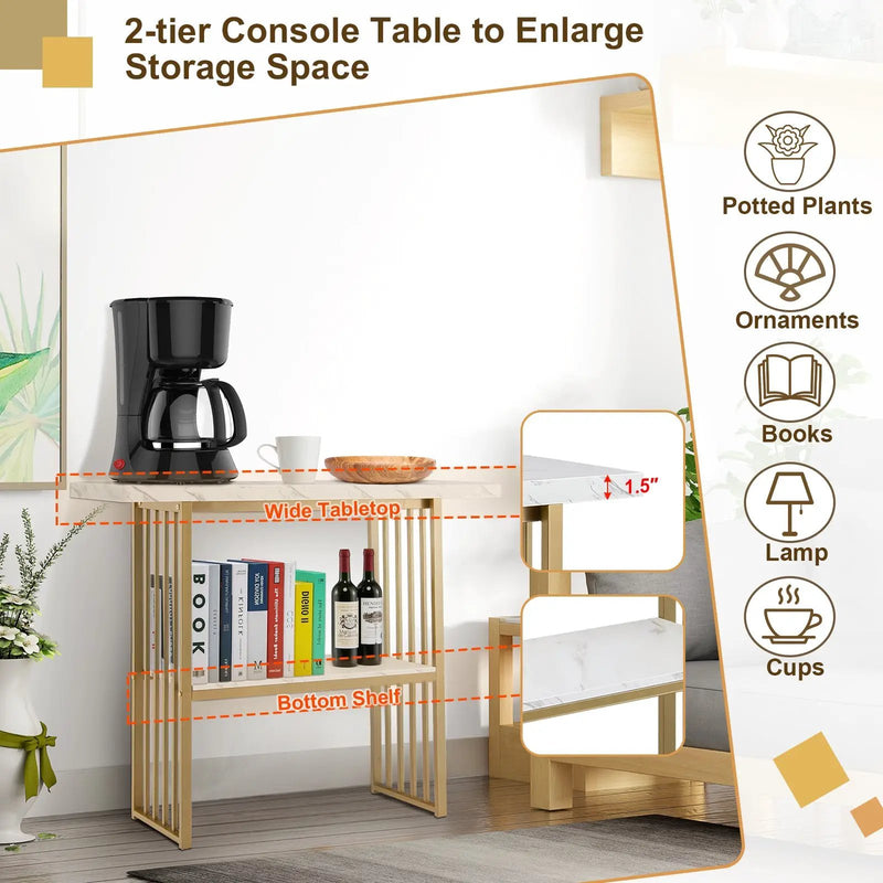 48 Inch 2-Tier Console Table with Gold Finished Frame-White by DirectDeals