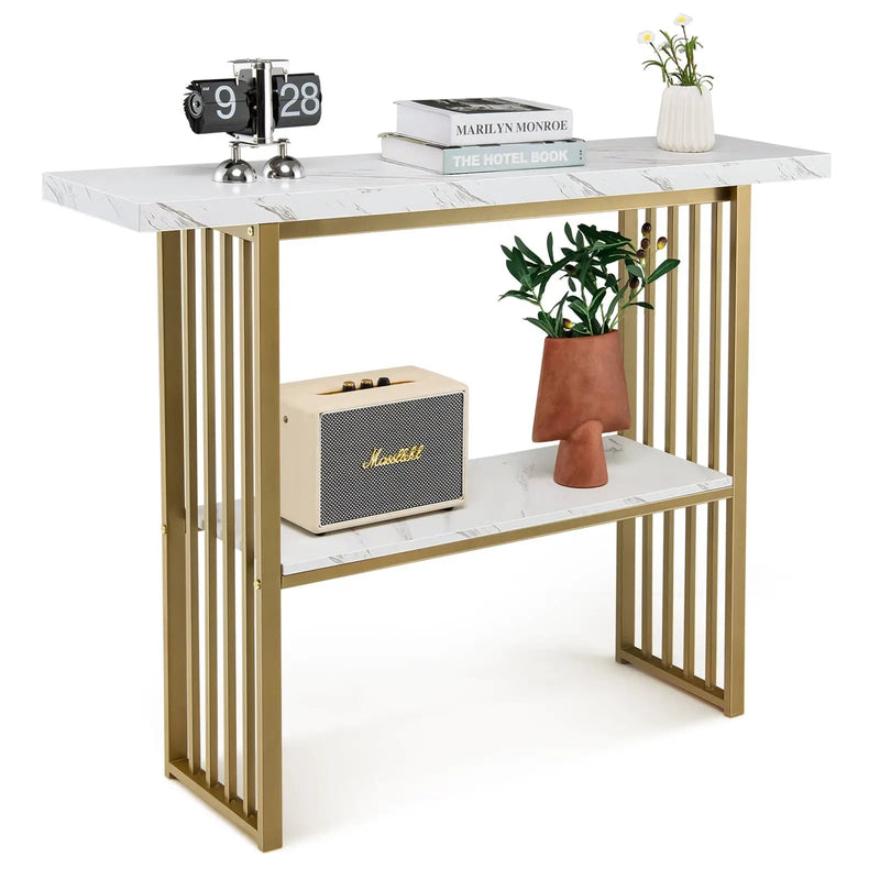 48 Inch 2-Tier Console Table with Gold Finished Frame-White by DirectDeals