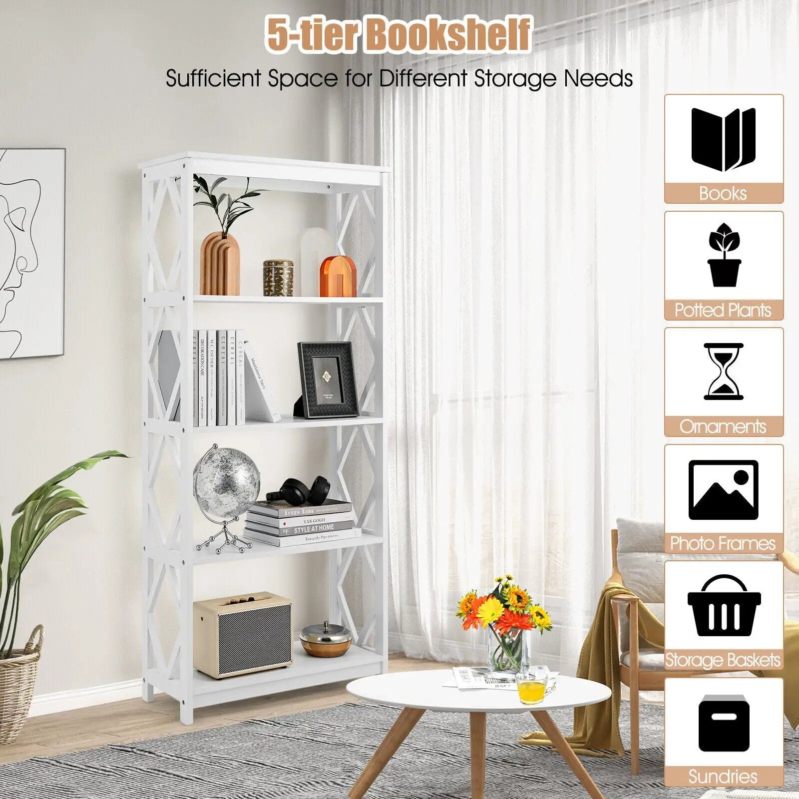 5-Tier Modern Freestanding Bookcase with Open Shelves by DirectDeals