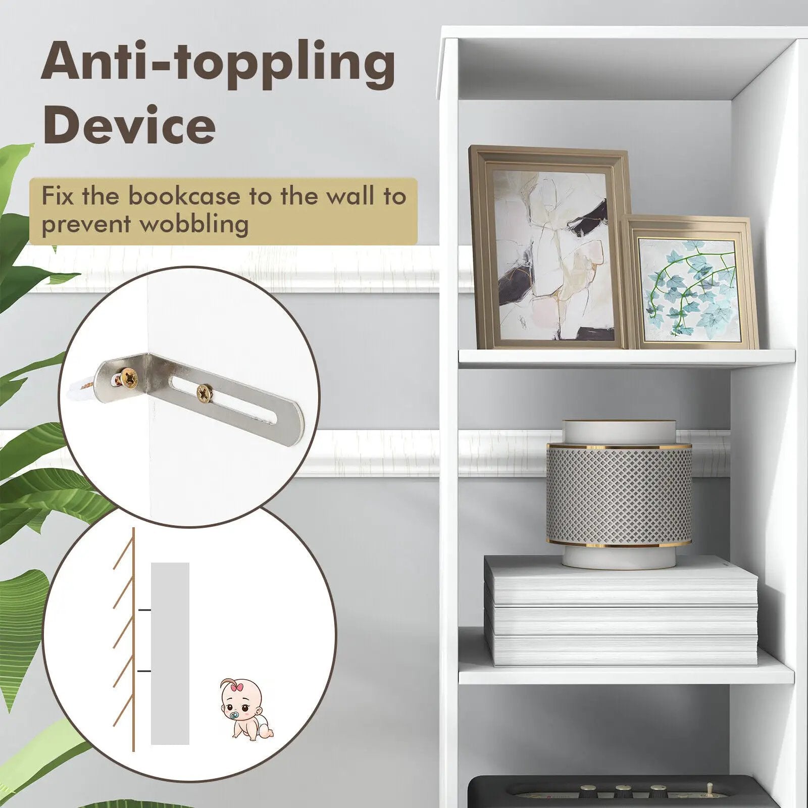 5 Tiers 4-Cube Narrow Bookshelf with 4 Anti-Tipping Kits by DirectDeals