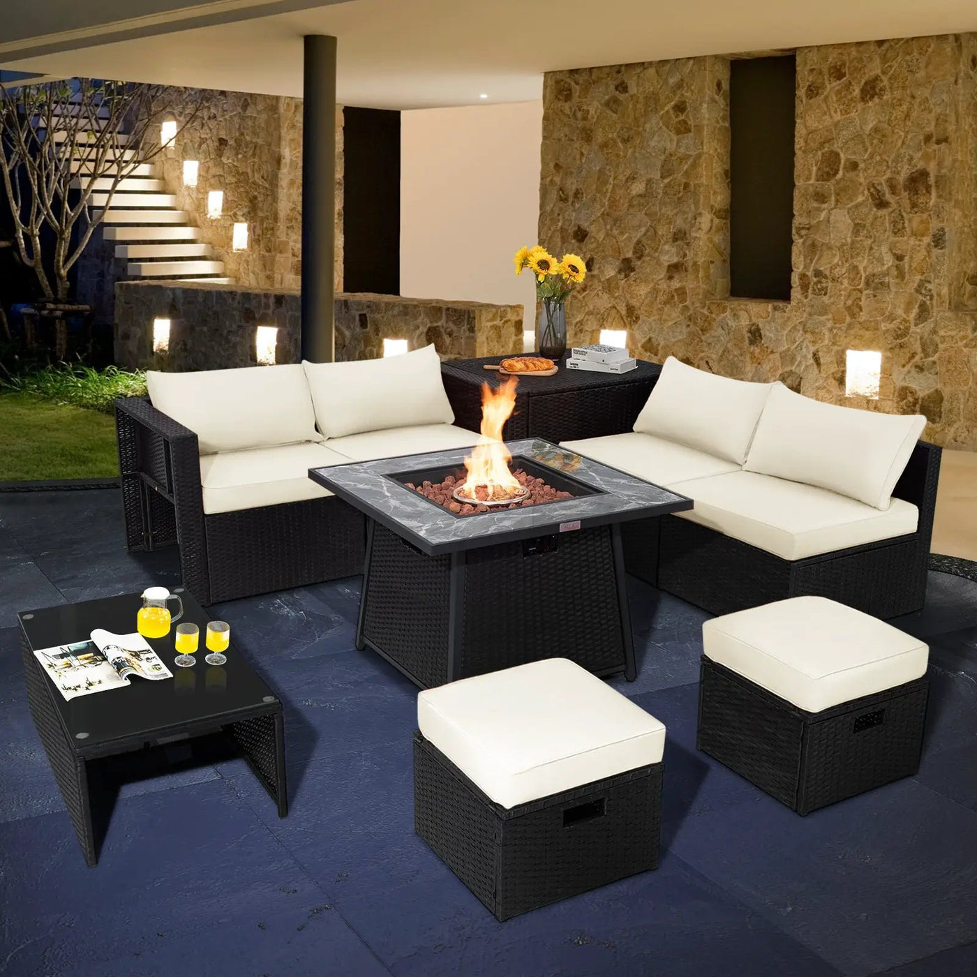 9 Pieces Outdoor Wicker Sectional with 35 Inch Gas Fire Pit Table by DirectDeals